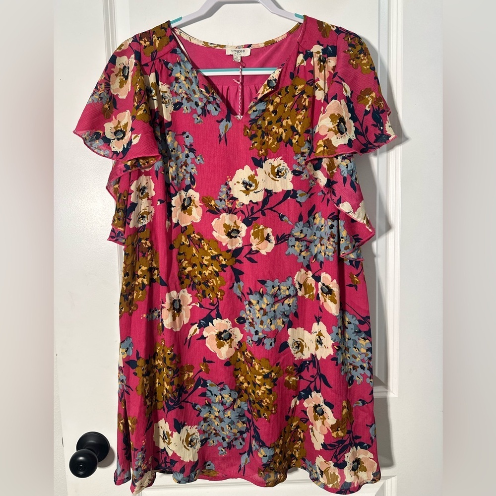 Umgee Pink Floral Dress with V-Neck